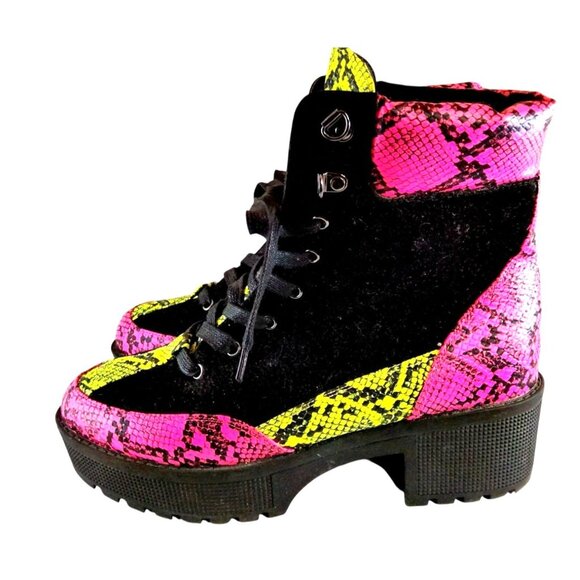 Vivianly Women's Pink & Yellow Snake Print Platform Boots W/Black Velvet Accents - Picture 2 of 11